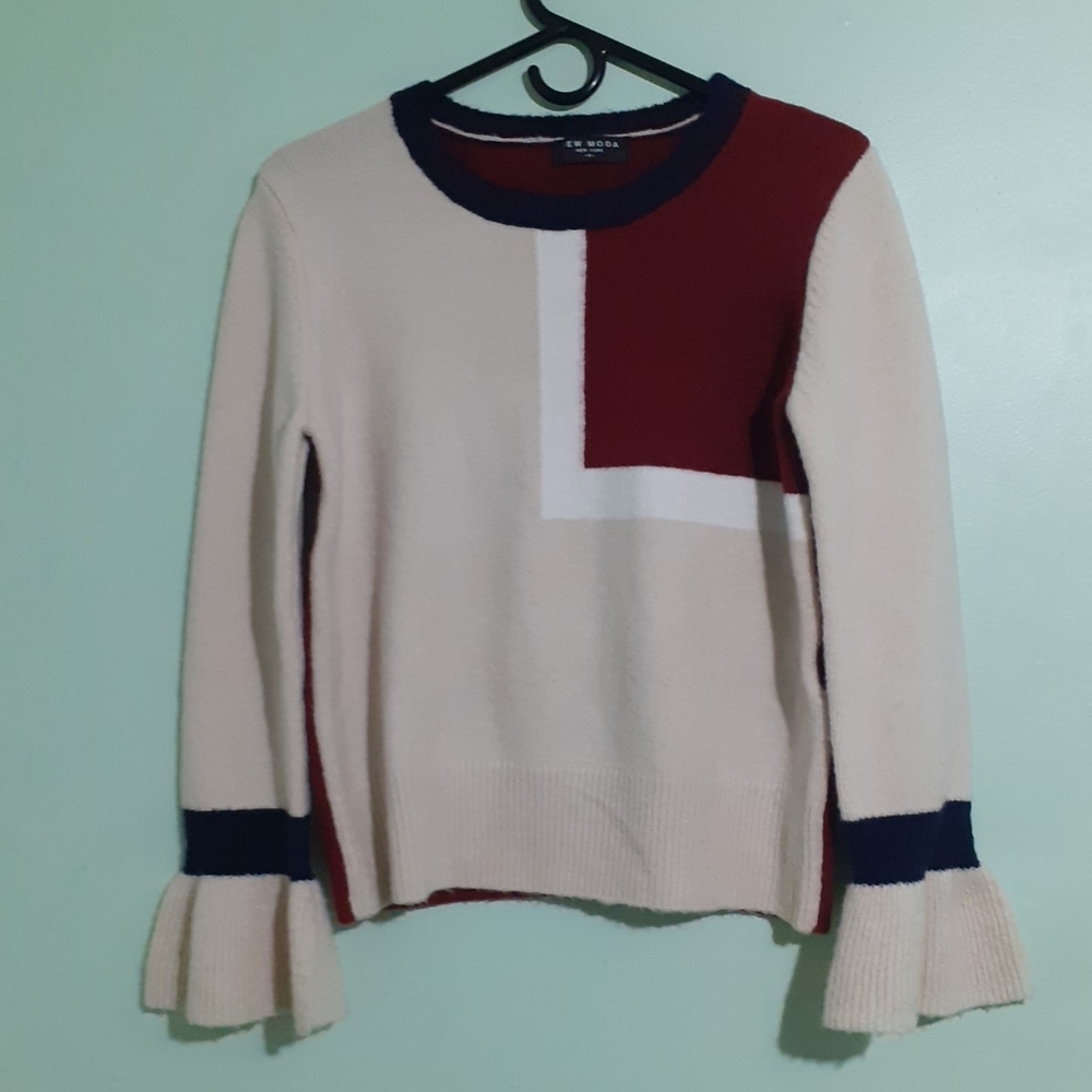 Balloon trumpet-sleeve Boucle patchwork Colorblock Bloggers Sweater Spring/Fall